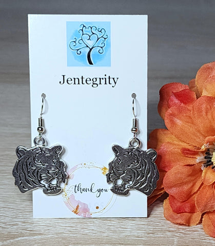 Silver Large Tiger Charm Earrings