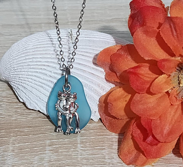 Sea Glass Frogs In Love Necklace