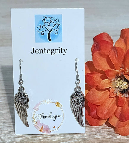 Silver Rose Angel Wing Earrings