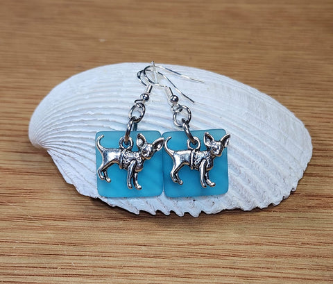 Pacific Blue Sea Glass Chihuahua Earrings