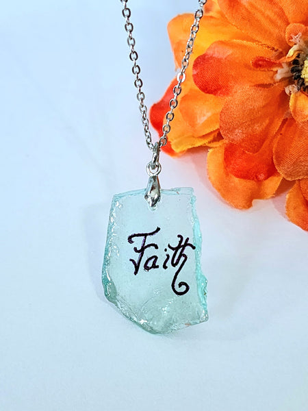 Engraved Sea Glass Necklace - Faith