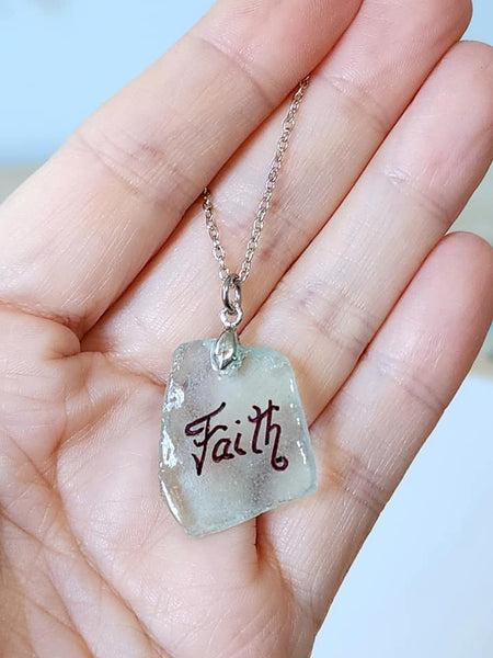 Engraved Sea Glass Necklace - Faith