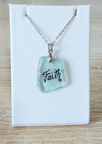 Engraved Sea Glass Necklace - Faith