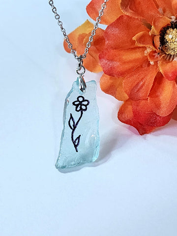 Engraved Sea Glass Necklace - Flower