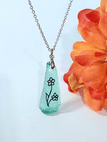 Engraved Sea Glass Necklace - Flower