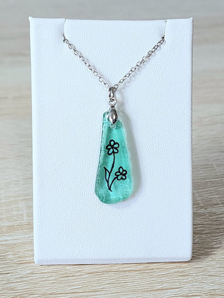 Engraved Sea Glass Necklace - Flower