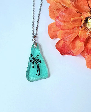 Engraved Sea Glass Necklace - Palm Tree