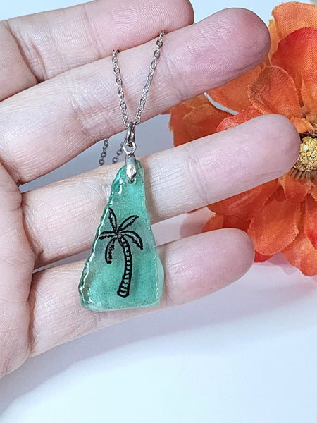 Engraved Sea Glass Necklace - Palm Tree