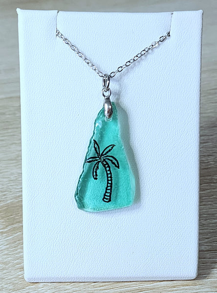 Engraved Sea Glass Necklace - Palm Tree