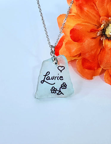 Engraved Sea Glass Necklace - Name With Flower And Heart
