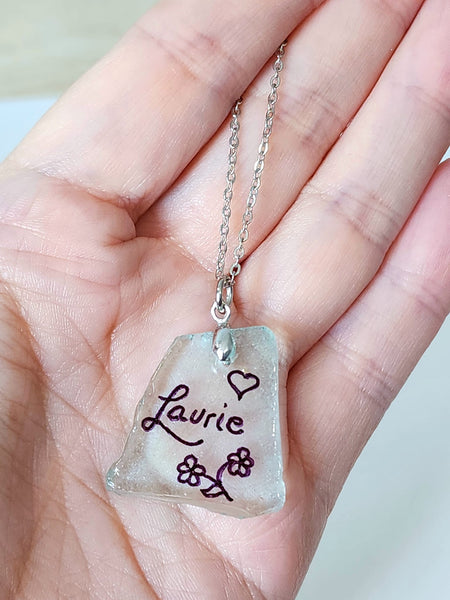 Engraved Sea Glass Necklace - Name With Flower And Heart