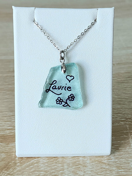 Engraved Sea Glass Necklace - Name With Flower And Heart