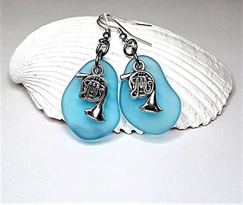Blue Sea Glass French Horn Earrings