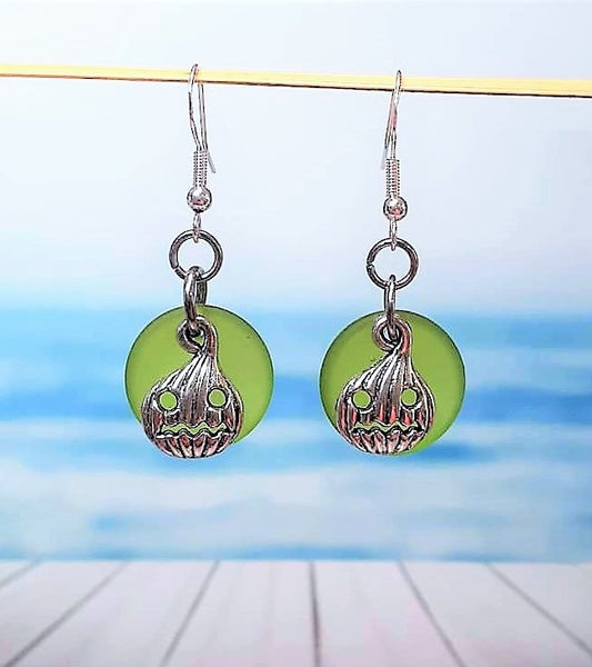Sea Glass Carved Pumpkin Earrings | Jackolantern earrings | Halloween | Sterling Silver | Earrings | Sea Glass Earrings | Sea Glass Jewelry