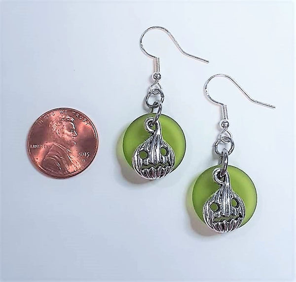 Sea Glass Carved Pumpkin Earrings | Jackolantern earrings | Halloween | Sterling Silver | Earrings | Sea Glass Earrings | Sea Glass Jewelry