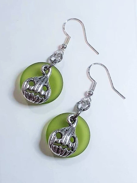Sea Glass Carved Pumpkin Earrings | Jackolantern earrings | Halloween | Sterling Silver | Earrings | Sea Glass Earrings | Sea Glass Jewelry