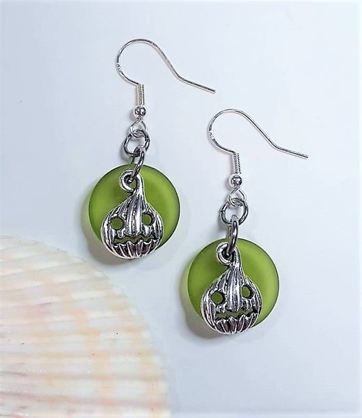 Sea Glass Carved Pumpkin Earrings | Jackolantern earrings | Halloween | Sterling Silver | Earrings | Sea Glass Earrings | Sea Glass Jewelry
