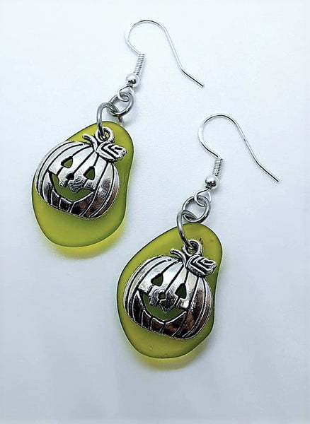 Sea Glass Pumpkin Earrings | Sterling Silver | Halloween | Pumpkin Earrings | Sea Glass Earrings | Sea Glass Jewelry | Dangle Earrings