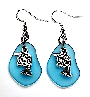 Blue Sea Glass French Horn Earrings