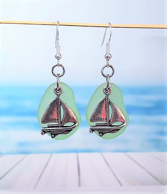 Sea Glass Sailboat Earrings | Boat Earrings | Sterling Silver | Christmas | Earrings | Sea Glass Earrings | Sea Glass | Dangle Earrings