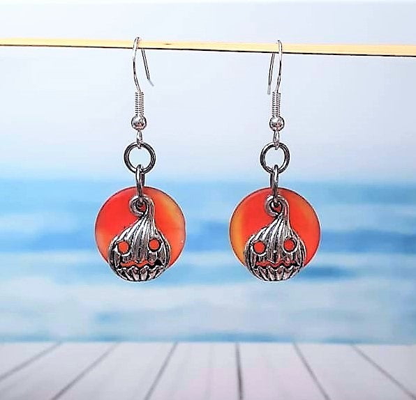 Sea Glass Carved Pumpkin Earrings | Jackolantern earrings | Halloween | Sterling Silver | Earrings | Sea Glass Earrings | Sea Glass Jewelry