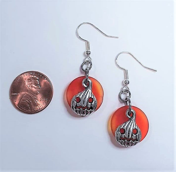 Sea Glass Carved Pumpkin Earrings | Jackolantern earrings | Halloween | Sterling Silver | Earrings | Sea Glass Earrings | Sea Glass Jewelry