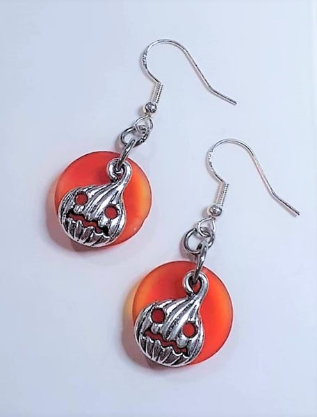 Sea Glass Carved Pumpkin Earrings | Jackolantern earrings | Halloween | Sterling Silver | Earrings | Sea Glass Earrings | Sea Glass Jewelry
