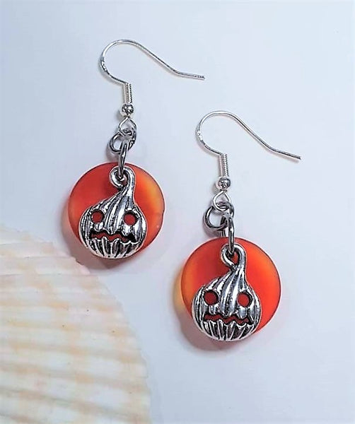 Sea Glass Carved Pumpkin Earrings | Jackolantern earrings | Halloween | Sterling Silver | Earrings | Sea Glass Earrings | Sea Glass Jewelry