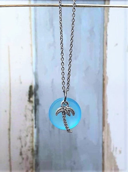 Blue Sea Glass Palm Tree Necklace