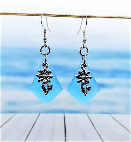 Blue Sea Glass Flower Earrings