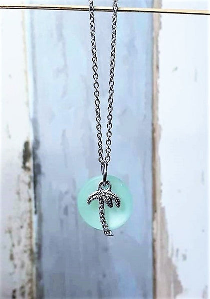 Blue Sea Glass Palm Tree Necklace