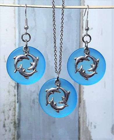 Sea Glass Dolphin Necklace And Earrings Set