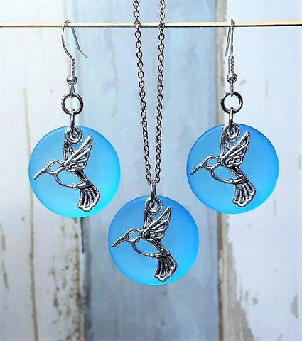 Sea Glass Hummingbird Necklace And Earrings Set