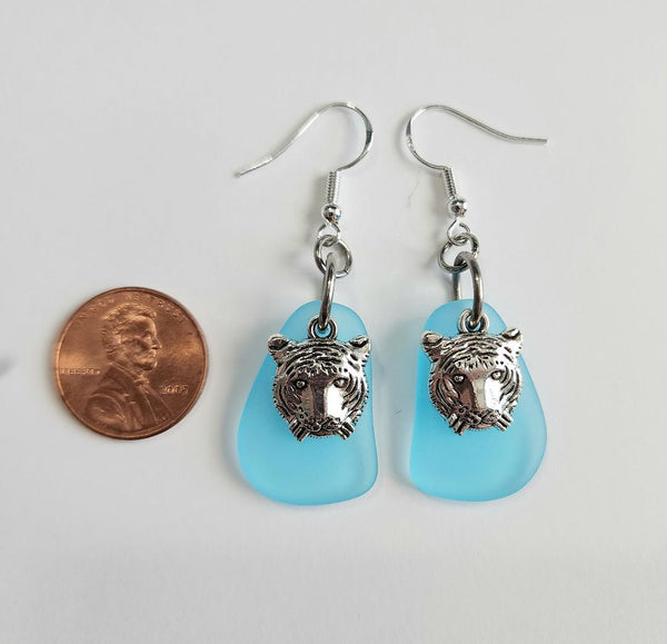 Blue Sea Glass Tiger Earrings