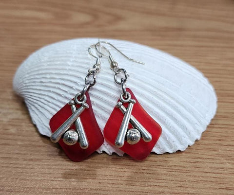 Sea Glass Bat & Baseball Earrings