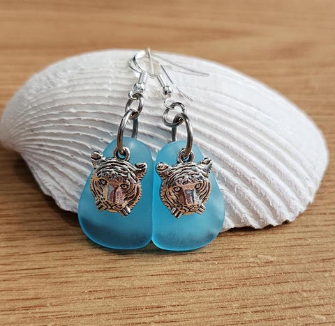 Blue Sea Glass Tiger Earrings